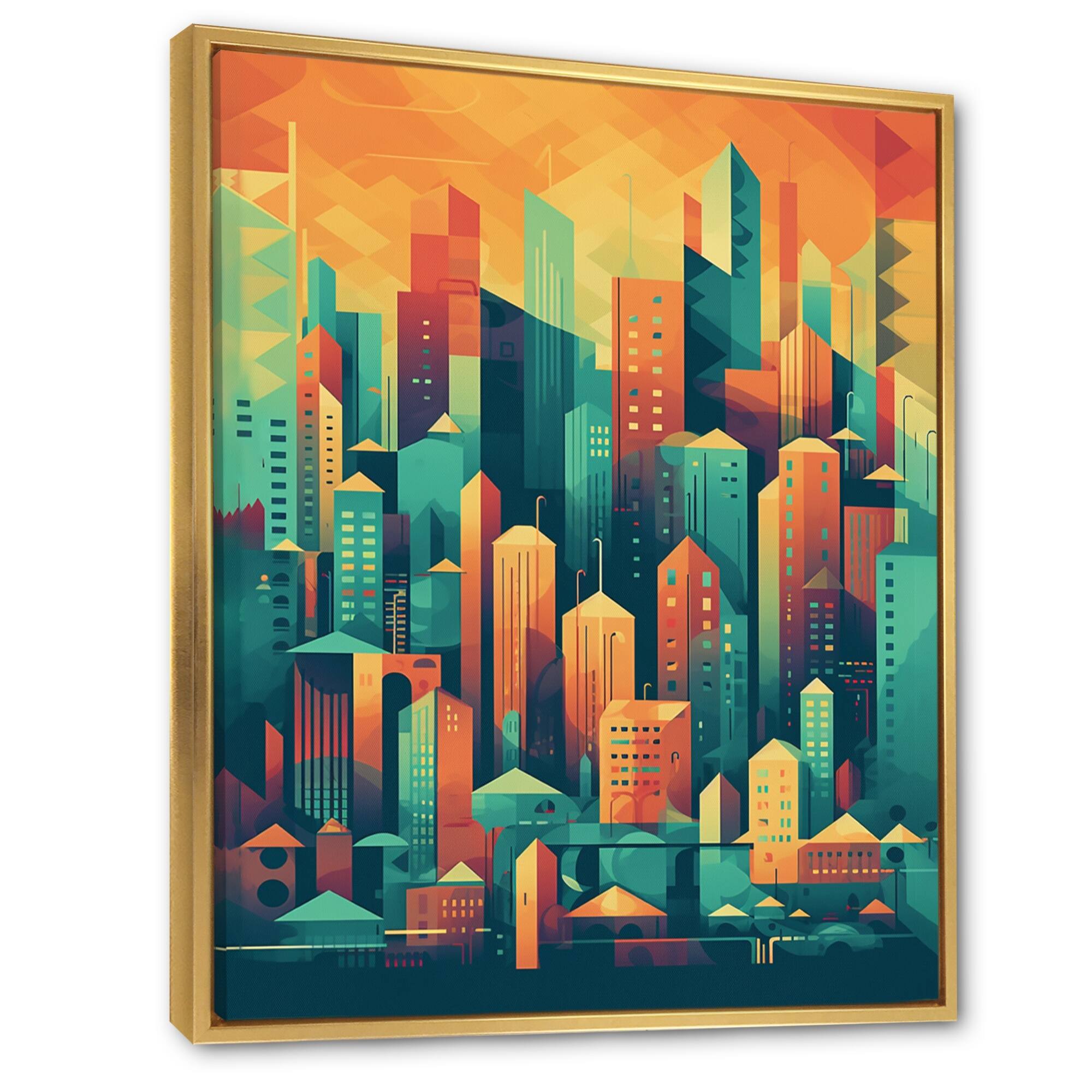 Designart "Blue And Orange Retro Cityscape Ii" City Art Deco Framed